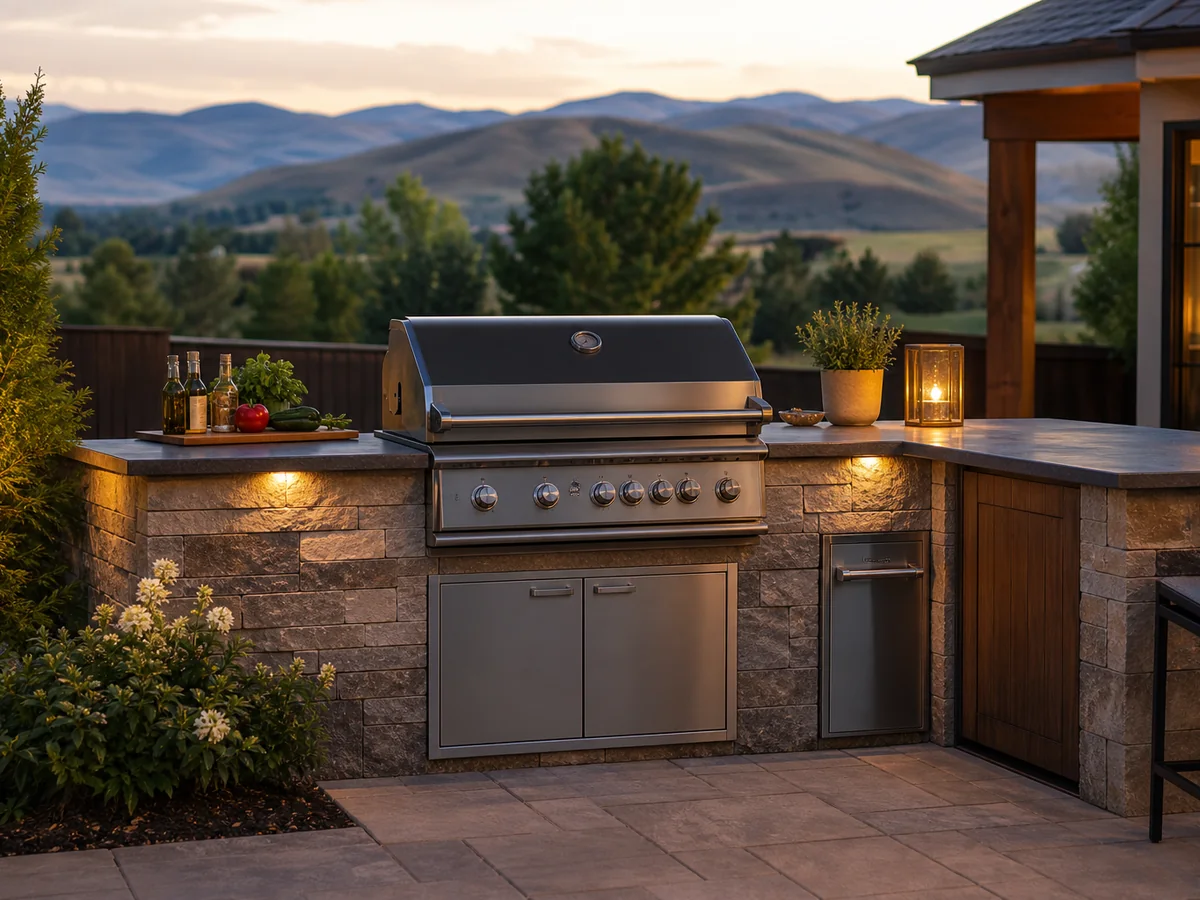 Built-in gas barbecue and stone outdoor kitchen in an Idaho backyard