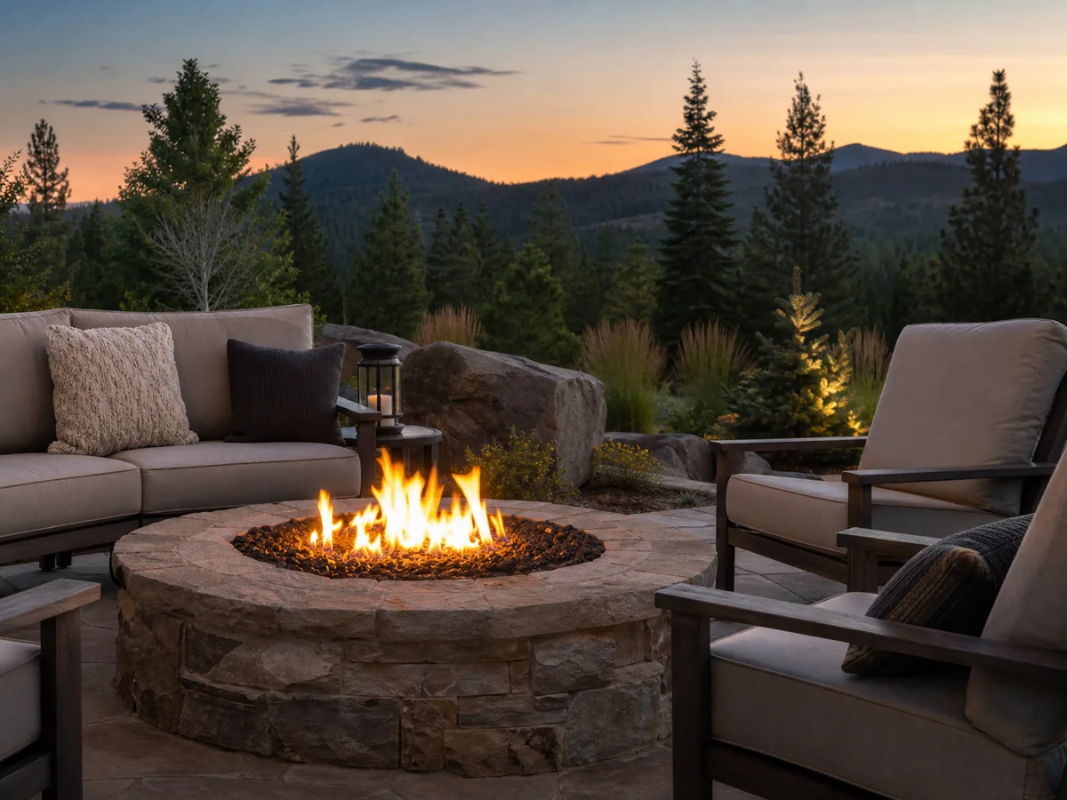 Stone gas fire pit with warm flames and outdoor seating in an Idaho backyard